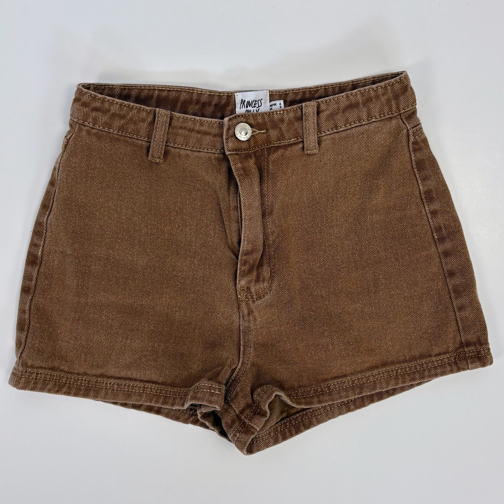 Princess Polly Darby A-Line High-Waisted Rust Brown Twill Denim Shorts 6 Tobacco